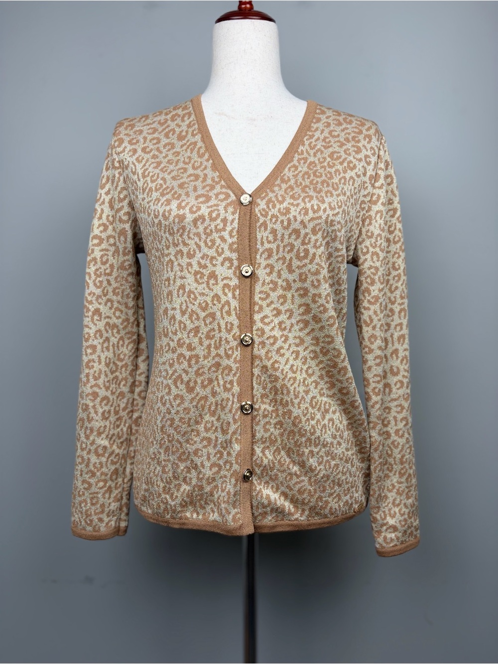 St‎ John Sport Leopard Knit Cardigan Sweater Small USA Metallic